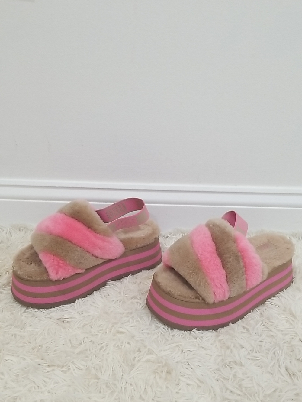 UGG Pink & Beige Fuzzy Platform Slide Sandals